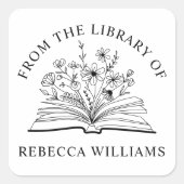 Open Boek & Bloemen Uit de Bibliotheek van Boekpla Vierkante Sticker (Voorkant)