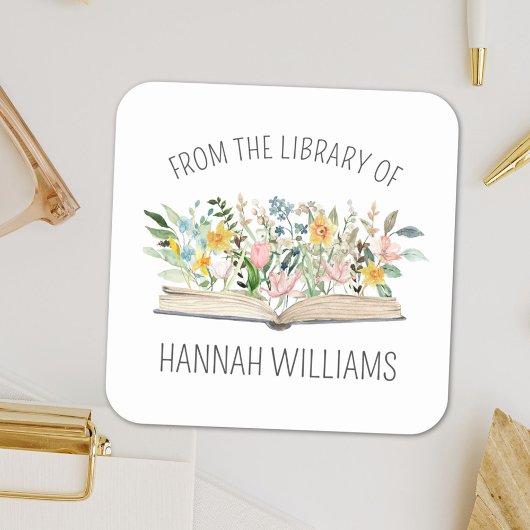 Open boek bloemen uit de bibliotheek van Bookplate Vierkante Sticker
