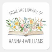 Open boek bloemen uit de bibliotheek van Bookplate Vierkante Sticker (Voorkant)