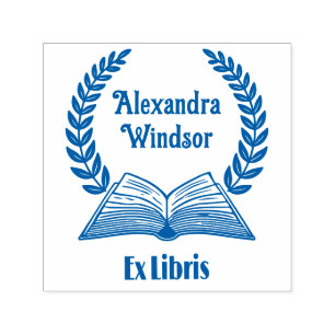 Open Boek, Laurel Krans Ex Libris Naam Boek Zelfinktende Stempel