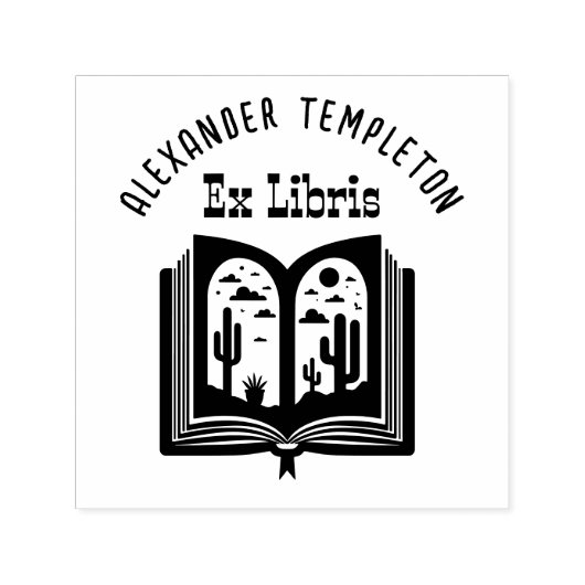 Open Boek met Desert Landscape Pages "Ex Libris" # Zelfinktende Stempel (Design)