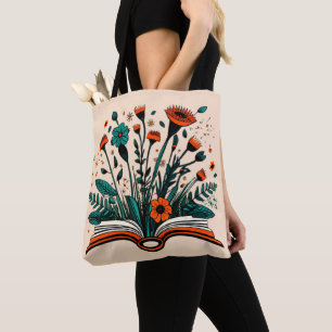 Open boek met kiemende bloemen tote bag