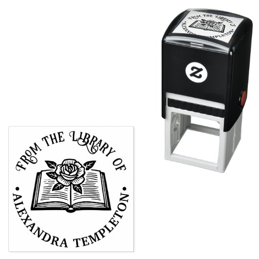 Open boek met roos #1P met bibliotheekboeknaam Zelfinktende Stempel (In situ)