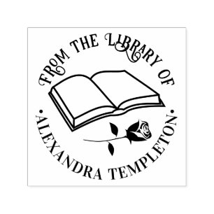 Open Boek met Roos "Uit de Bibliotheek van" Naam Zelfinktende Stempel