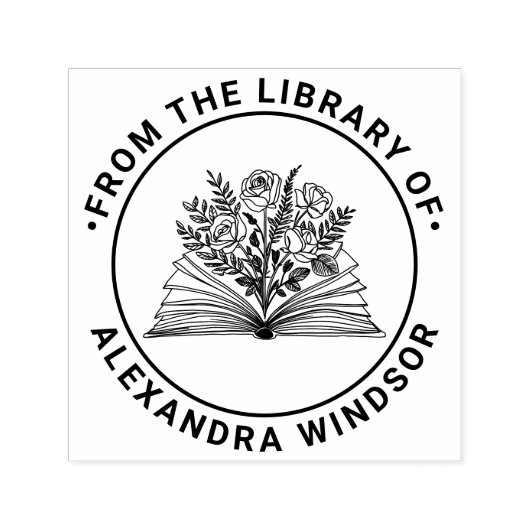 Open boek met roosboeket Naam Bibliotheekboek Zelfinktende Stempel (Design)