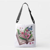 Open boek met roze bloemen en vlinders crossbody tas (Voorkant)
