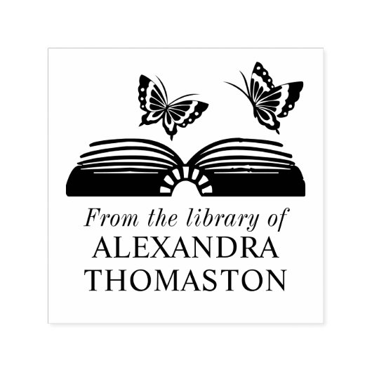 Open Boek met Twee Vlinders Bibliotheek Boeknaam Zelfinktende Stempel (Design)