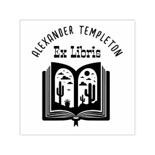Open boek met woestijnlandschap pagina's “Ex Libri Zelfinktende Stempel