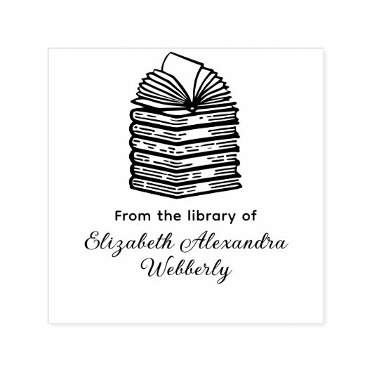 Open boek op boek stapel R2 bibliotheek scriptnaam Zelfinktende Stempel (Design)