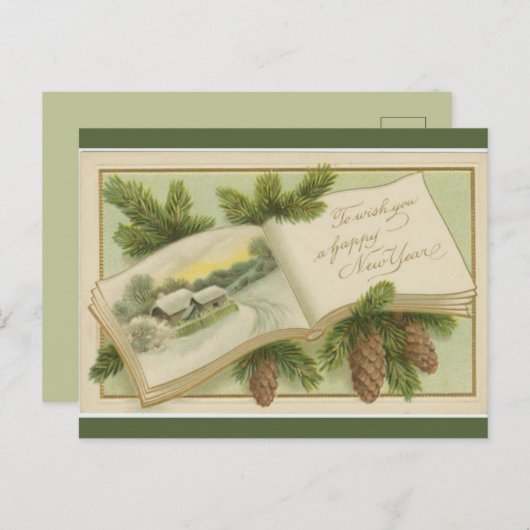  Open Book en Pine Cones Happy Nieuwjaar Briefkaart (Voorkant / Achterkant)