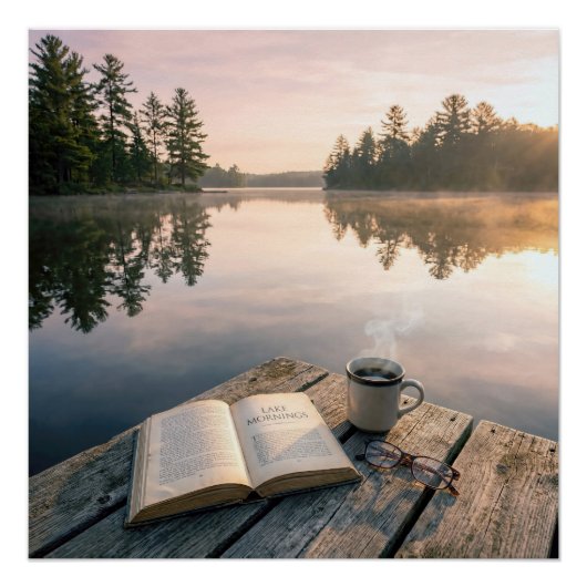 Open Book With Coffee On a Lake Dock Perfect Poster (Voorkant)
