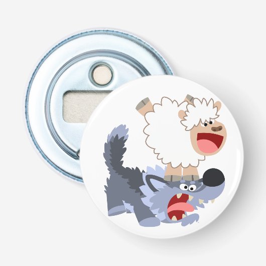 Open Cartoon voor afspeelbare schaap en knop Wolf Button Flesopener (Voorkant)
