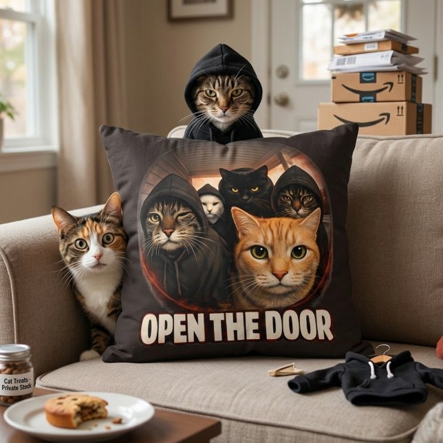 Open De Deur Grappige Katten in Hoodies Worp Kusse Kussen (Creator heeft geüpload)