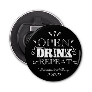 "Open, Drink, Herhaal" knop Flaconopener Button Flesopener
