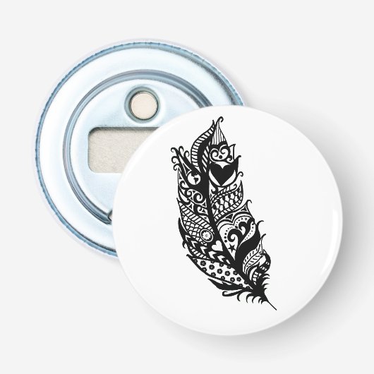 Open flesje voor zwarte en witte liefdesveer button flesopener (Voorkant)