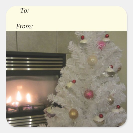 Open haard en kerstboom vierkante sticker (Voorkant)