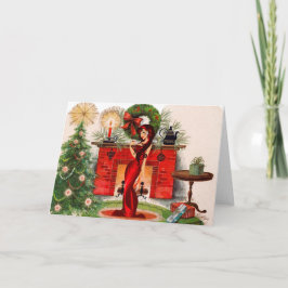 Open haard en sexy vrouw kerst Kaart