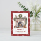 Open haard Kerstkrans Garland Sneeuwvlok Rood Feestdagenkaart (Staand voorkant)