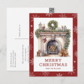 Open haard Kerstkrans Garland Sneeuwvlok Rood Feestdagenkaart (Voorkant / Achterkant)