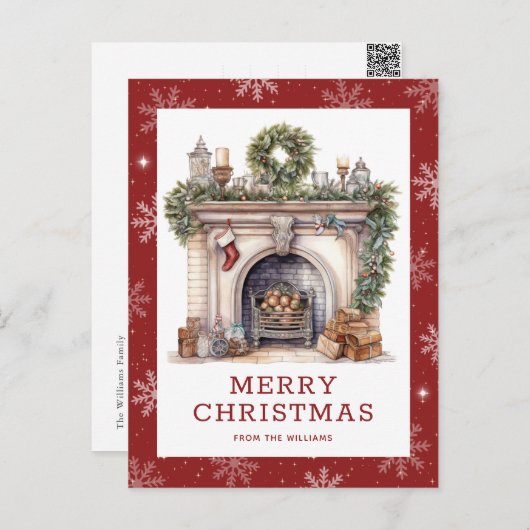 Open haard Kerstkrans Garland Sneeuwvlok Rood Feestdagenkaart (Voorkant / Achterkant)