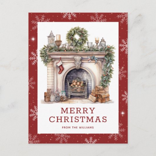Open haard Kerstkrans Garland Sneeuwvlok Rood Feestdagenkaart (Voorkant)