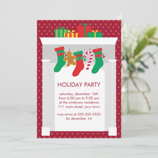 Open haard met kerstkousen feest kaart (Staand voorkant)