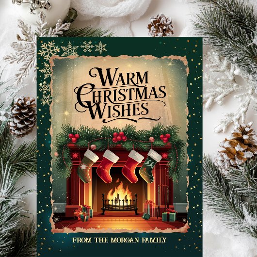  open haard sneeuwvlokken groen feestdagen kaart