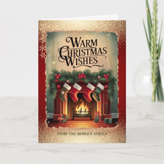  open haard sneeuwvlokken rood feestdagen kaart (Voorkant)