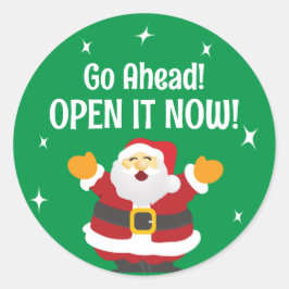 Open het Nu Pakket met Kerstman Ronde Sticker