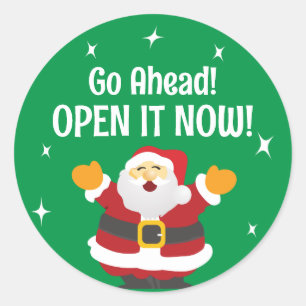 Open het Nu Pakket met Kerstman Ronde Sticker