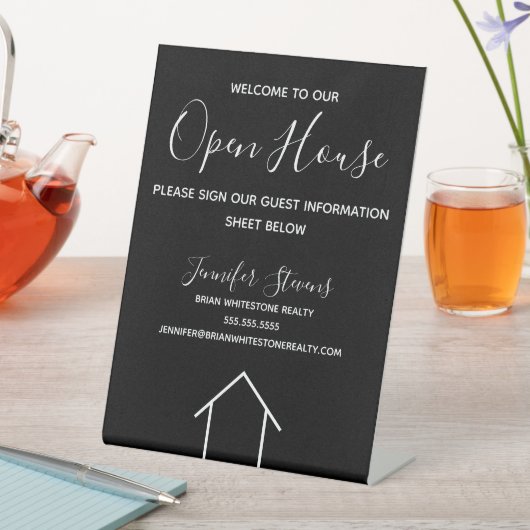 Open House Black White Real Estate Agent Custom Reclamebord Met Voetstuk (Insitu)