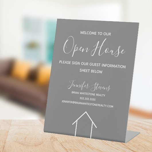 Open House Custom Estate Company Chic Gray Reclamebord Met Voetstuk