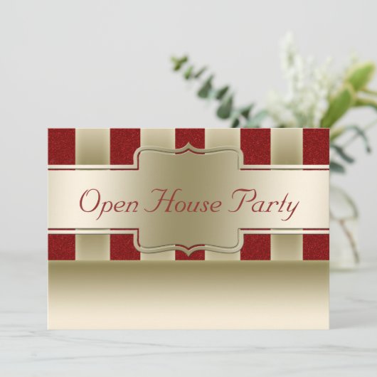 Open House Party | Rode glitter Gold Stripes Kaart (Staand voorkant)