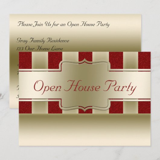 Open House Party | Rode glitter Gold Stripes Kaart (Voorkant / Achterkant)