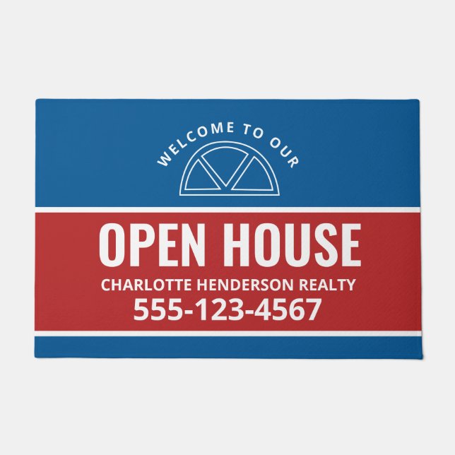 Open House Real Estate Red Blue Welcome Porch Sign Deurmat (Voorkant)