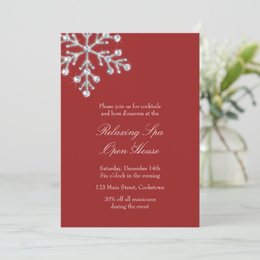 Open House Red Offset Crystal Snowflake Kaart (Staand voorkant)