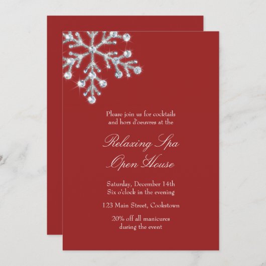 Open House Red Offset Crystal Snowflake Kaart (Voorkant / Achterkant)