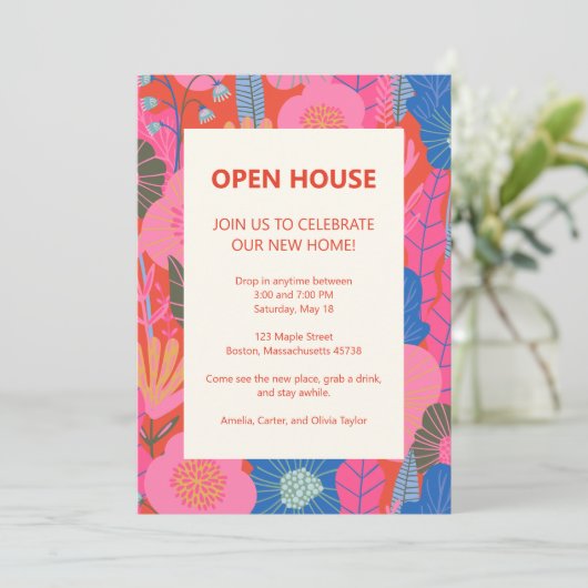 Open House Tropical Floral Pink Red Housewarming Kaart (Staand voorkant)