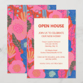 Open House Tropical Floral Pink Red Housewarming Kaart (Voorkant / Achterkant)