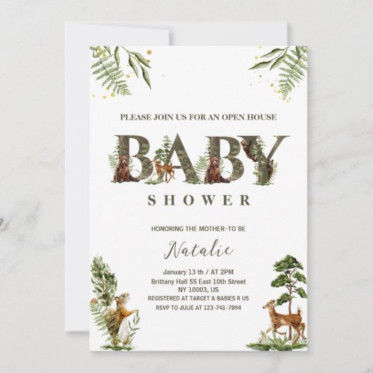 open huis bosdieren baby shower kaart (Voorkant)