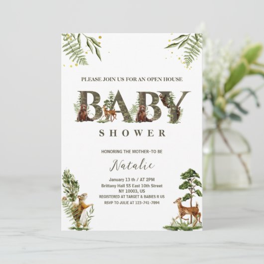 open huis bosdieren baby shower kaart (Staand voorkant)