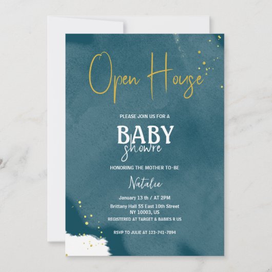 Open Huis Marine Blauw Strook Goud baby shower Kaart (Voorkant)