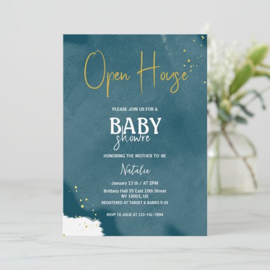 Open Huis Marine Blauw Strook Goud baby shower Kaart (Staand voorkant)