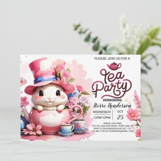 Open Huis Tea Party Baby Meisje Douche Kaart (Staand voorkant)