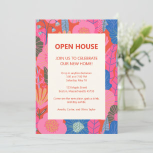 Open Huis Tropische Bloemen Roze Rood Huis Verwarm Kaart