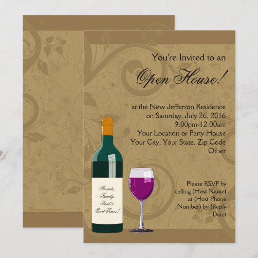 Open huisuitnodigingen, wijnthema kaart (Voorkant / Achterkant)