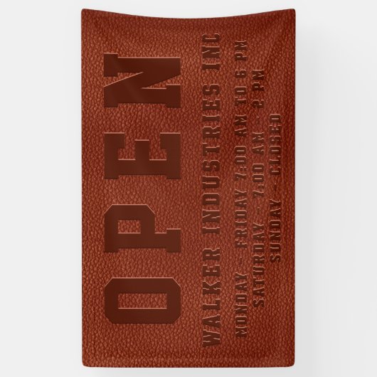 Open kantooruren in reliëf bruin veganistisch leer spandoek (Verticaal)