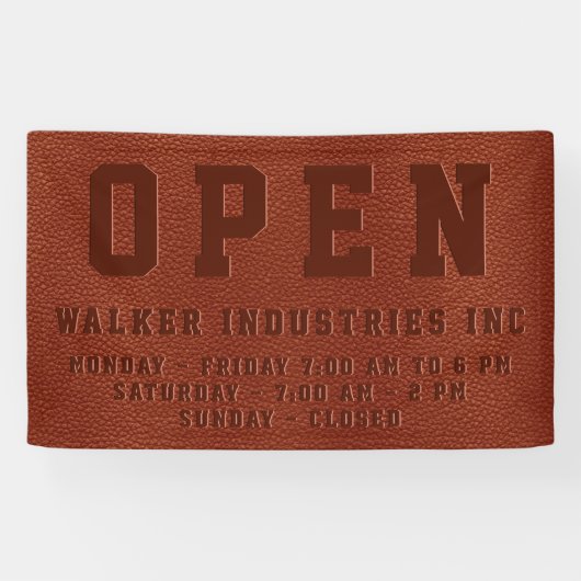 Open kantooruren in reliëf bruin veganistisch leer spandoek (Horizontaal)