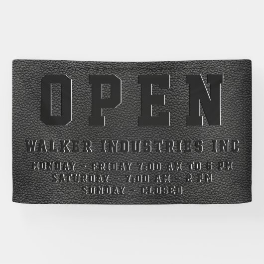 Open kantooruren in reliëf zwart veganistisch leer spandoek (Horizontaal)