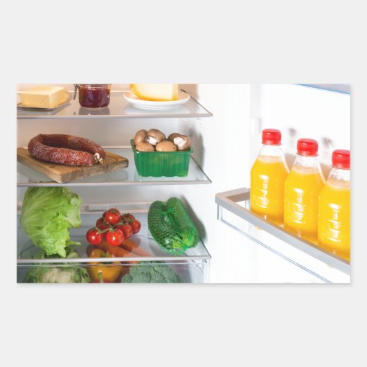Open koelkast gevuld met voedsel rechthoekige sticker (Voorkant)